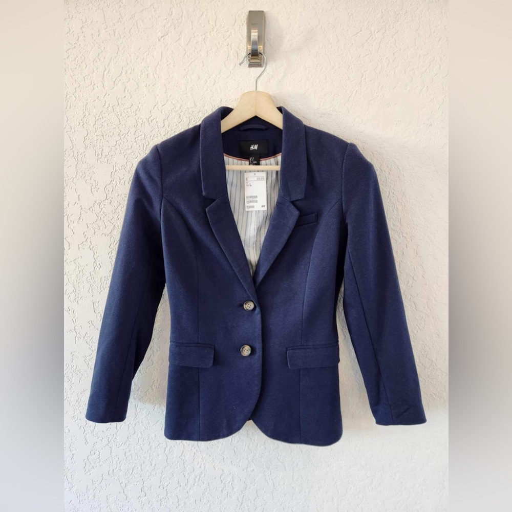 H&M NWT Navy Blue Blazer Women's Size 8 Brown Elbow Patch Career Office Preppy